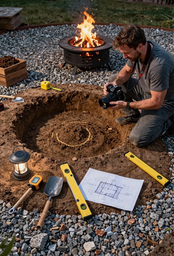 Do It Yourself Outdoor Fire Pit Build Guide 3 stake mark and dig fire pit footprint