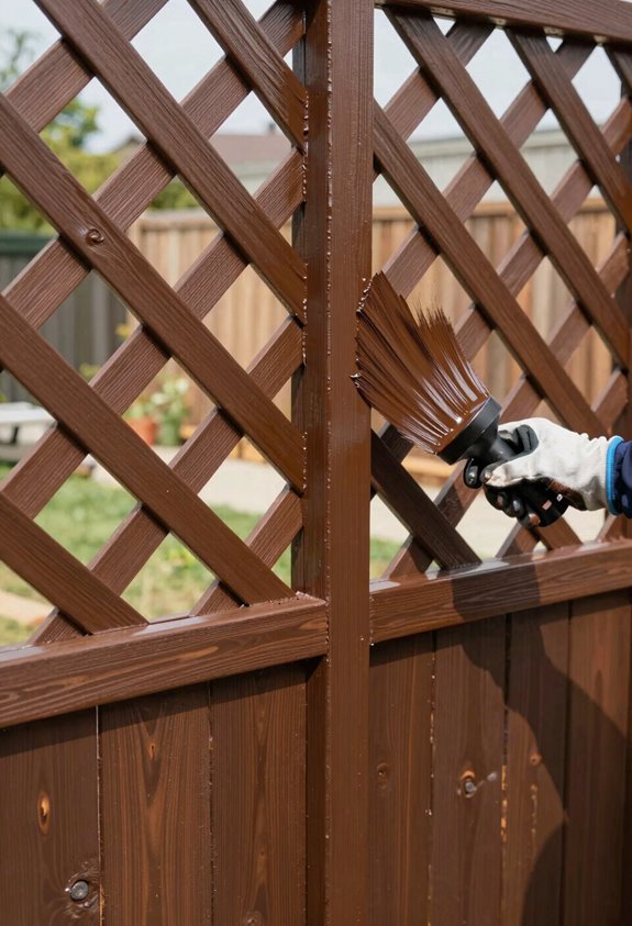 10 Steps to Build a DIY Lattice Privacy Screen 8 wagner sprayer stain cedar contrast